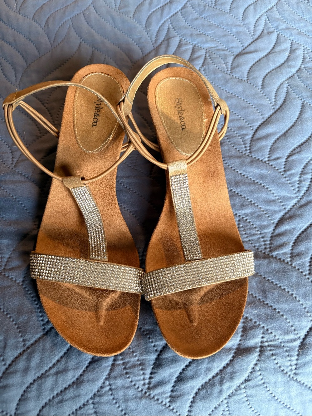 Style & Co. Gold Rhinestone T-Strap Wedge Sandals - Size 7M
